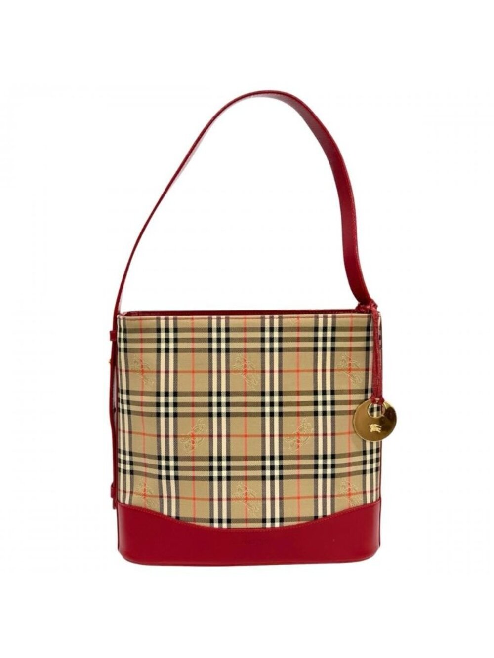 Balenciaga Shoulder Bag Haymarket Check Canvas Leather Red Beige Gold